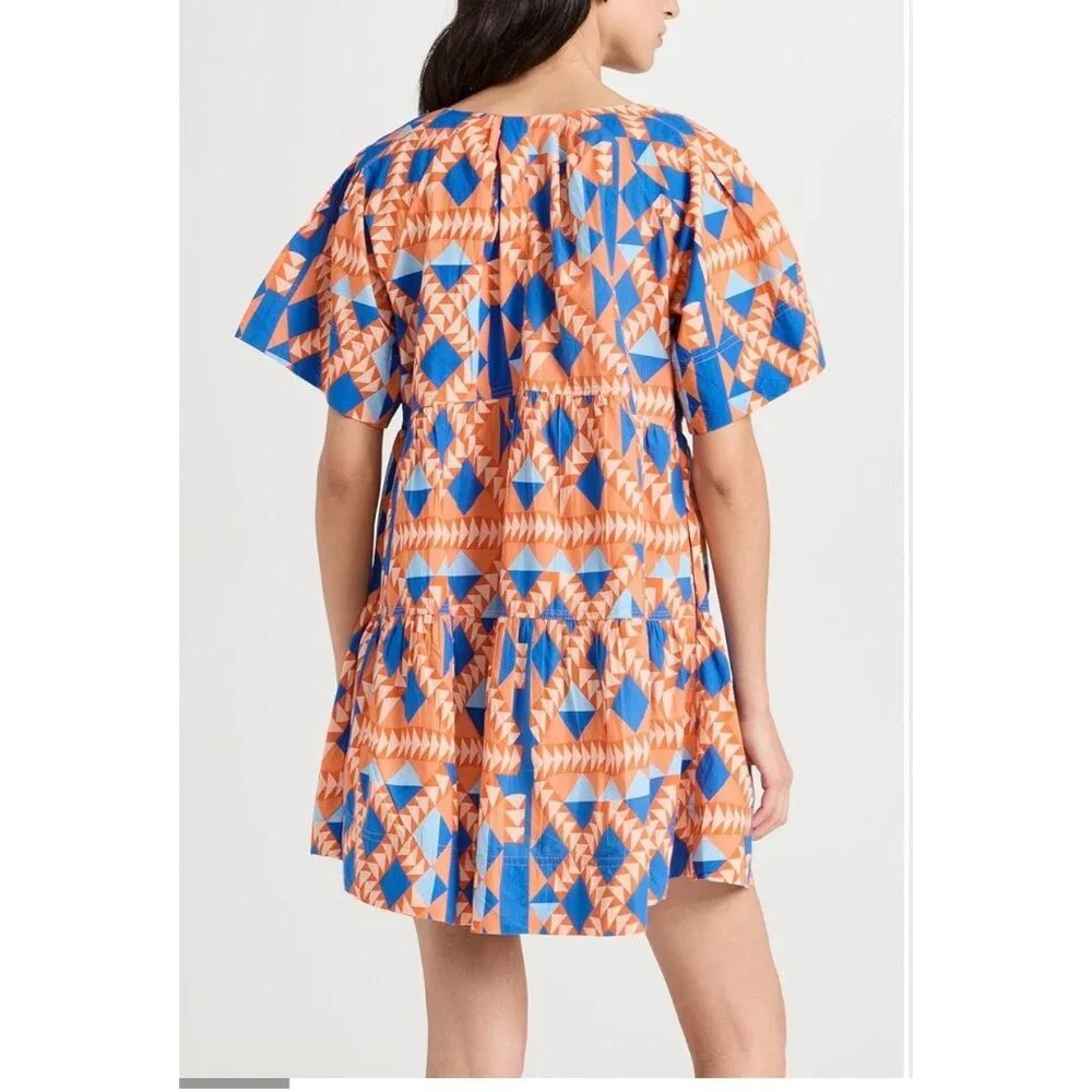 New Marea Womens Grecian Poplin Dress Short Sleeve Orange Blue Size Medium Boho - Picture 2 of 16